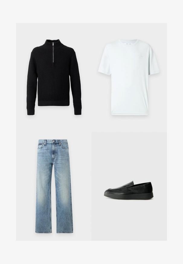 Pull en tricot noir avec un col montant et une demi-fermeture éclair. Motif en gaufrage en nid d'abeille, poignets ajustés et ourlet inférieur.; T-shirt en coton bleu clair avec col rond, manches courtes et un logo brodé minimaliste sur la poitrine. Texture lisse, design simple.; Jean droit en denim bleu clair avec taille haute, cinq poches, fermeture à boutons et léger délavage sur les cuisses et les genoux.; Calvin Klein HYBRID CUP - Chaussons - triple black