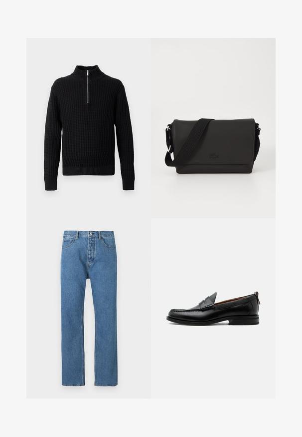 Pull en tricot noir avec un col montant et une demi-fermeture éclair. Motif en gaufrage en nid d'abeille, poignets ajustés et ourlet inférieur.; Jean en denim bleu clair à coupe droite, avec cinq poches, une fermeture par bouton et des détails de couture subtils le long des coutures.; Mocassin homme en cuir noir avec couture moc toe, bride penny, col texturé et petit talon empilé sur fond blanc.; Lacoste MESSENGER BAG MEN CLASSIC - Sac bandoulière - noir