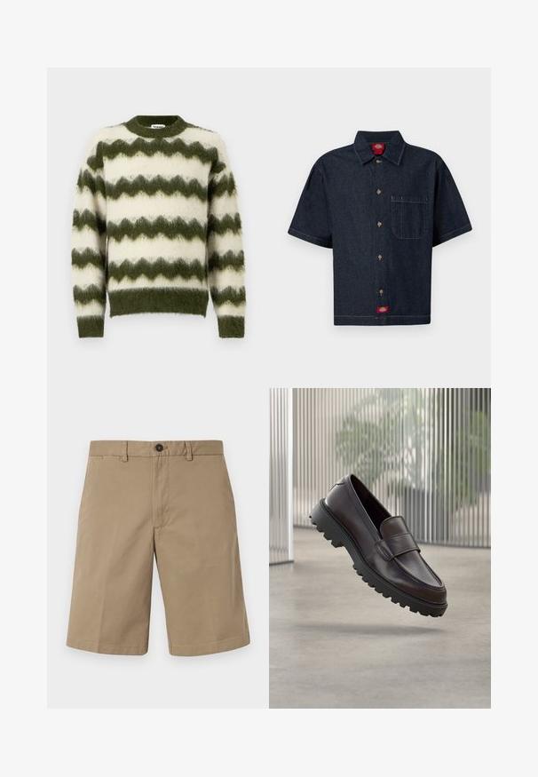 Jersey de rayas en zigzag verde y blanco, hecho de un material suave y esponjoso, con un cuello redondo y puños acanalados.; Camisa de mezclilla oscura de manga corta con botones, bolsillo en el pecho, cuello y etiquetas de la marca visibles en el cuello y el dobladillo inferior.; Pantalones cortos beige de algodón, con corte recto, dos bolsillos frontales y cierre de botón. Textura suave con diseño minimalista.; Zapato de cuero marrón tipo mocasín con punta redondeada y suela de goma negra resistente. Presenta una correa decorativa sobre el empeine.