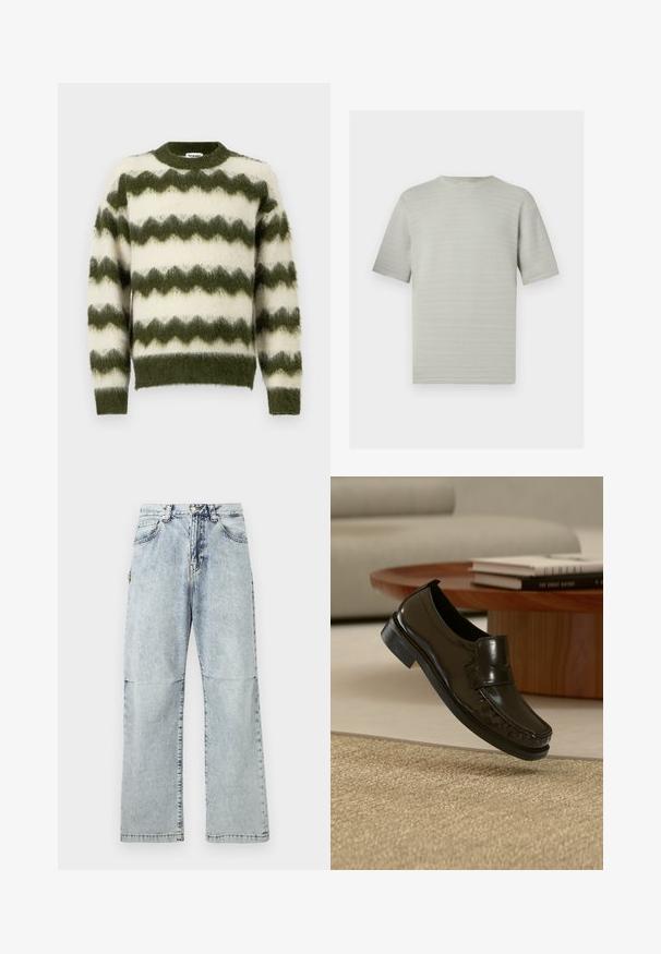 Jersey de rayas en zigzag verde y blanco, hecho de un material suave y esponjoso, con un cuello redondo y puños acanalados.; Top de punto gris claro de manga corta con patrón sutil en zigzag y cuello redondo sobre un fondo blanco.; Pantalones de mezclilla de color azul claro con un corte relajado, textura desgastada, cinco bolsillos y cierre de botón en la cinturilla. Costuras planas y piernas anchas.; Zapato mocasín negro de cuero sin cordones levitando sobre una alfombra beige tejida con una mesa de café de madera y libros al fondo.