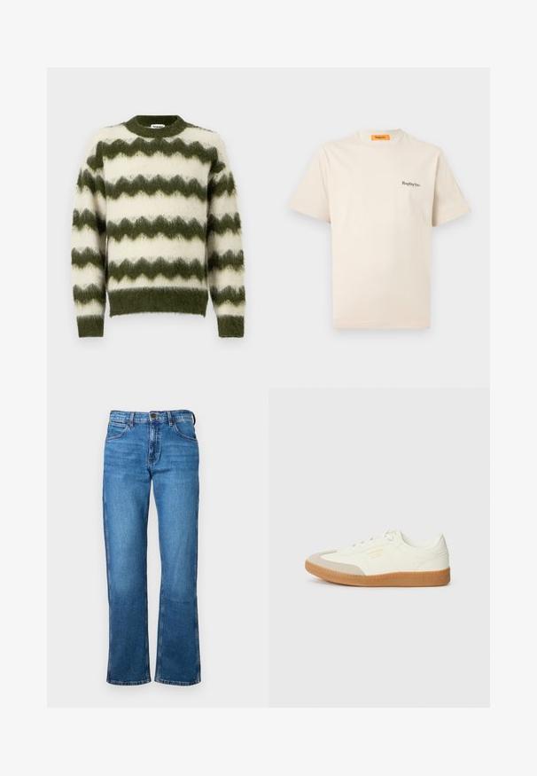 Groene en witte zigzag-gepatroneerde trui, gemaakt van zacht, fluffy materiaal met een ronde halslijn en geribde manchetten.; Replay Inc. ESSENTIAL LOGO UNISEX - T-shirt basic - ivory; Blauwe spijkerbroek met een rechte pijp ontwerp, met een klassieke vijf-pocket stijl, metalen knoop en ritssluiting. Soepele textuur, geen patronen.; Schoen gemaakt van wit leer met een beige teenkap en een lichtbruine rubberen zool. Voorzien van platte witte veters en reliëfbranding aan de zijkant.