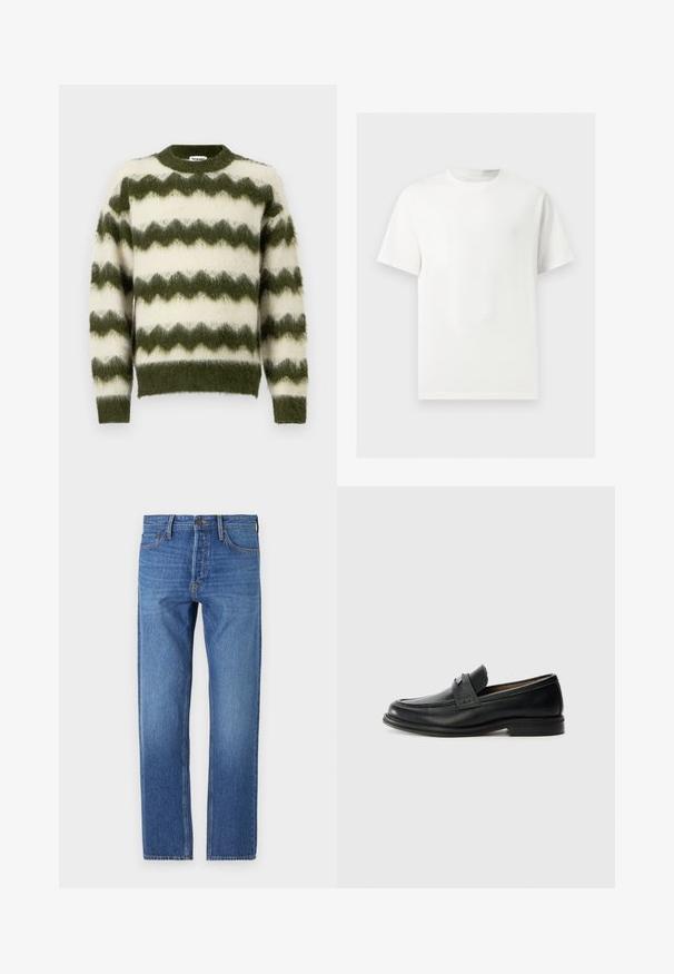 Jersey de rayas en zigzag verde y blanco, hecho de un material suave y esponjoso, con un cuello redondo y puños acanalados.; Camiseta blanca lisa de manga corta y cuello redondo mostrada sobre un fondo gris claro.; Jeans de mezclilla azul con corte recto, diseño clásico de cinco bolsillos, costuras de cobre y un acabado deslavado para un aspecto usado.; Mocasines de cuero negro con un acabado suave, que presentan una banda superior texturizada, tacón bajo y detalles de costura mínimos.