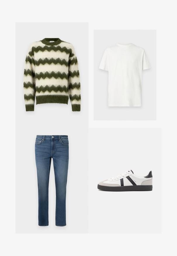 Groene en witte zigzag-gepatroneerde trui, gemaakt van zacht, fluffy materiaal met een ronde halslijn en geribde manchetten.; Wit T-shirt met korte mouwen en ronde hals in een losse pasvorm op een effen lichte achtergrond.; Blauwe denim jeans met een rechtlopende pasvorm, voorzien van vijf zakken en een subtiele vervaging. Inclusief een sluiting met een knoop en rits aan de voorkant.; Witte sneaker met zwarte en grijze accenten, voorzien van een grijze neus met textuur, zwarte rubberen zool en platte witte veters. Schoon ontwerp, minimalistische stijl.