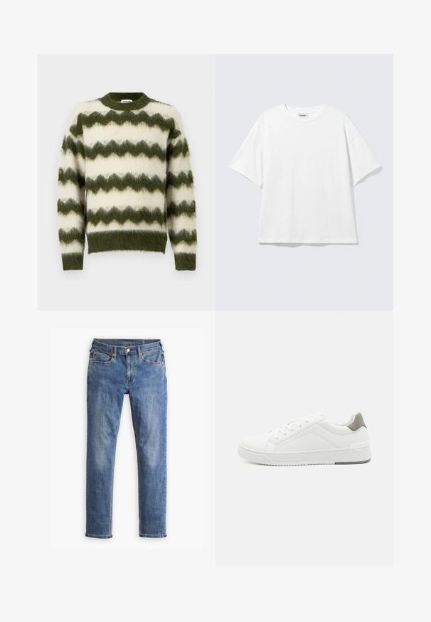 Groene en witte zigzag-gepatroneerde trui, gemaakt van zacht, fluffy materiaal met een ronde halslijn en geribde manchetten.; Witte oversized T-shirt met korte mouwen, ronde hals en verlaagde schouders, plat op een lichtgrijze achtergrond.; Blauwe slim-fit denim jeans met vijf zakken en knoopsluiting, met lichte vervaging op de dijen en knieën, weergegeven op een witte achtergrond.; Witte sneaker van glad leer met een ronde neus, minimalistisch ontwerp, grijze hielaccent en een geplaatste rubberen zool.