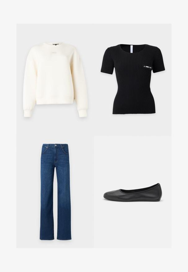 Sweat-shirt couleur crème en tissu doux, avec un col rond, des épaules tombantes et des détails simples cousus sur les poignets et l'ourlet.; Haut court ajusté noir côtelé avec col rond et petite écusson sur la poitrine gauche avec texte blanc.; Jeans en denim bleu avec une coupe droite, un design classique à cinq poches et une fermeture par bouton métallique à la taille.; Ballerines en cuir noir avec un bout rond, texture lisse, détails de couture minimalistes et design de semelle flexible.