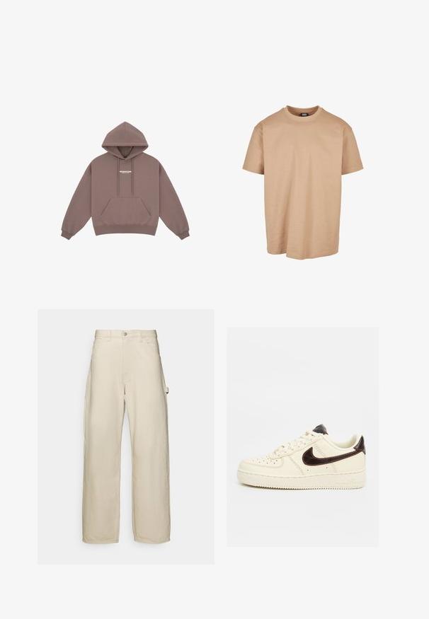 Hoodie in gedämpftem Braun mit Kängurutasche, Kapuze mit Kordelzug und kleinem weißen Logo auf der Brust. Weicher Stoff.; Beige Baumwoll-T-Shirt mit Rundhalsausschnitt, kurzen Ärmeln und lockerer Passform; zeichnet sich durch eine glatte Textur und ein minimales Design aus.; Beige weite Hosen aus einem Baumwollmischgewebe. Mit Knopfverschluss, Gürtelschlaufen und seitlichen Taschen. Glatte Textur.; Beiger Low-Top Nike Air Force 1 Sneaker mit schwarzem Swoosh-Logo, beigen Schnürsenkeln und beiger Sohle auf neutralem Hintergrund.