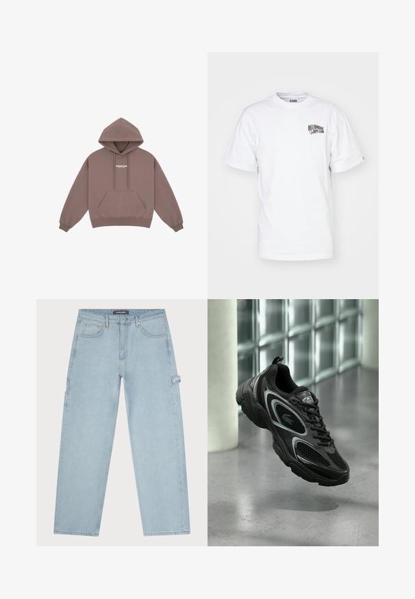 Hættebluse i dæmpet brun, med en kængurulomme, snørersnor i huen og et lille hvidt logo på brystet. Blød stofftekstur.; Hvid bomuld t-shirt med rund hals, korte ærmer og et lille sort logo på venstre bryst. Klassisk pasform og glat tekstur.; Pegador DAULE BAGGY WORKWEAR - Baggy jeans - washed cold blue; Sort atletiksko med mesh og syntetisk materiale, der har en tekstureret sål, slankt design, sølvdetaljer og snørebånd foran.