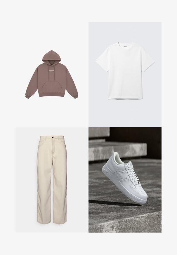 Hættebluse i dæmpet brun, med en kængurulomme, snørersnor i huen og et lille hvidt logo på brystet. Blød stofftekstur.; Hvid kortærmet crewneck T-shirt lagt fladt ud, ensfarvet design, med "WEEKDAY" mærkat inde i kraven på en lys baggrund.; Fiorucci CARPENTER - Jeans Straight Leg - white; Hvid Nike Air Force 1 sneaker med prægede stjernemønstre og en metallisk stjerne snørebåndsvedhæng, der svæver over en betongulv.