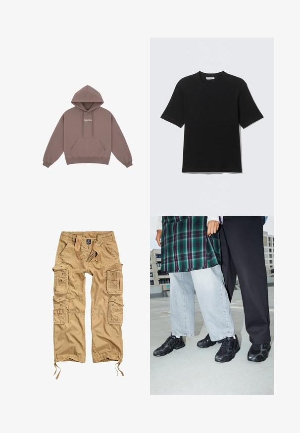 Hoodie in gedämpftem Braun mit Kängurutasche, Kapuze mit Kordelzug und kleinem weißen Logo auf der Brust. Weicher Stoff.; Schwarzes T-Shirt mit kurzen Ärmeln und Rundhalsausschnitt, mit einem "WEEKDAY"-Etikett innen am Kragen, flach auf einem hellen Hintergrund liegend dargestellt.; Khaki Cargo-Hosen mit mehreren seitlichen Taschen, Knopfverschluss, elastischem Bund und verstellbaren Bündchen. Hergestellt aus strapazierfähigem Stoff.; Schwarze Sportschuhe mit Mesh- und Gummielementen. Kombiniert mit hellgrauen weiten Jeans und einem karierten grünen Oberteil. Flacher Hintergrund.