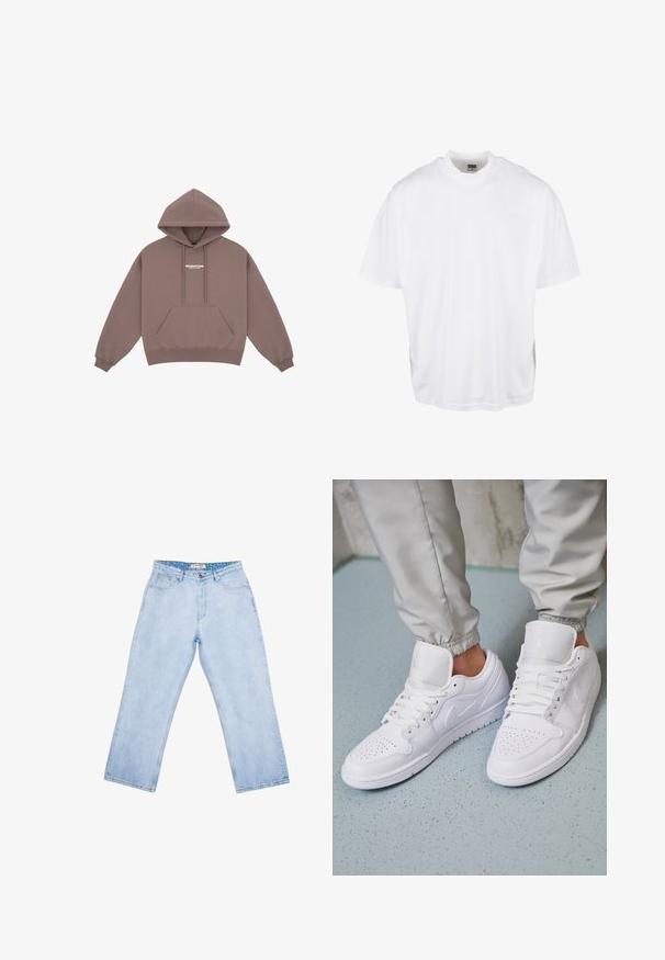Hoodie in gedämpftem Braun mit Kängurutasche, Kapuze mit Kordelzug und kleinem weißen Logo auf der Brust. Weicher Stoff.; Weißes Baumwoll-T-Shirt mit lockerer Passform, kurzen Ärmeln und rundem Halsausschnitt, mit geradem Saum und ohne sichtbare Grafiken oder Muster.; Hellblaue Jeans mit hoher Taille und geradem Bein, vorne Taschen, Gürtelschlaufen, Knopfverschluss und einem gebrandeten Innenetikett am Bund.; Weiße Ledersneaker mit perforierter Zehenbox, flachen Schnürsenkeln, gepolstertem Kragen und dem Jordan-Logo auf der Zunge. Getragen mit grauen Jogginghosen.