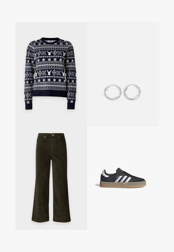 Suéter de punto azul marino con patrones de copos de nieve y renos en blanco, cuello redondo, mangas largas y ribete acanalado.; Vero Moda Petite VMTESSA PANTS - Pantalones - forest night; Zapatilla deportiva de cuero negro con tres rayas plateadas, punta texturizada y suela de goma. Cuenta con un collar acolchado y un diseño con cordones.; Pendientes de aro plateados con textura ondulada e irregular. Presentan una forma circular delgada y un acabado reflectante.