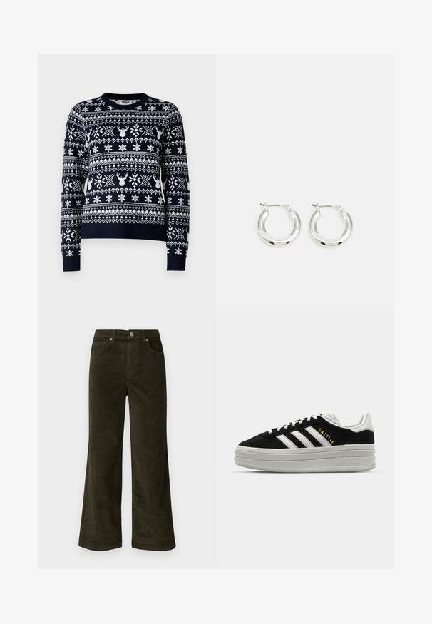 Suéter de punto azul marino con patrones de copos de nieve y renos en blanco, cuello redondo, mangas largas y ribete acanalado.; Vero Moda Petite VMTESSA PANTS - Pantalones - forest night; Zapatillas negras de ante con detalles en cuero blanco, tres rayas blancas, cordones planos y una gruesa suela de plataforma gris. Marca "Gazelle" en dorado.; Pendientes de aro de plata con un acabado pulido, que presentan una forma circular y un cierre de gancho. Textura suave con detalles mínimos.