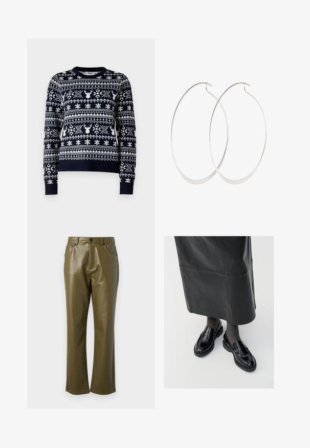 Suéter de punto azul marino con patrones de copos de nieve y renos en blanco, cuello redondo, mangas largas y ribete acanalado.; Pantalones de cuero sintético verde oliva con un diseño de pierna recta. Presentan bolsillos frontales y un cierre con cremallera y botón de metal. Textura suave.; Mocasines de cuero negro con un acabado suave, que presentan una tira decorativa, puntera redonda y suela texturizada. Llevados con una falda larga de cuero negro.; Pendientes de aro plateados con un diseño delgado y suave; forma ovalada alargada; acabado pulido; presentan un cierre de gancho seguro.