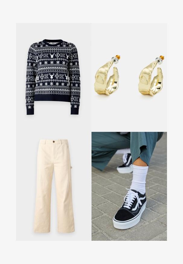 Pull en maille marine avec des flocons de neige blancs et des motifs de rennes, col rond, manches longues et ourlet côtelé.; Pantalons larges beiges en coton avec fermeture à bouton, comportant des poches latérales et un design épuré et minimal.; Baskets en suède noir avec des accents et des lacets blancs, présentant une épaisse semelle blanche et des coutures contrastantes, associées à une chaussette blanche.; Boucles d'oreilles dorées en forme de mains abstraites, avec une surface brillante, des détails complexes et un fermoir en argent et or pour un maintien sécurisé.