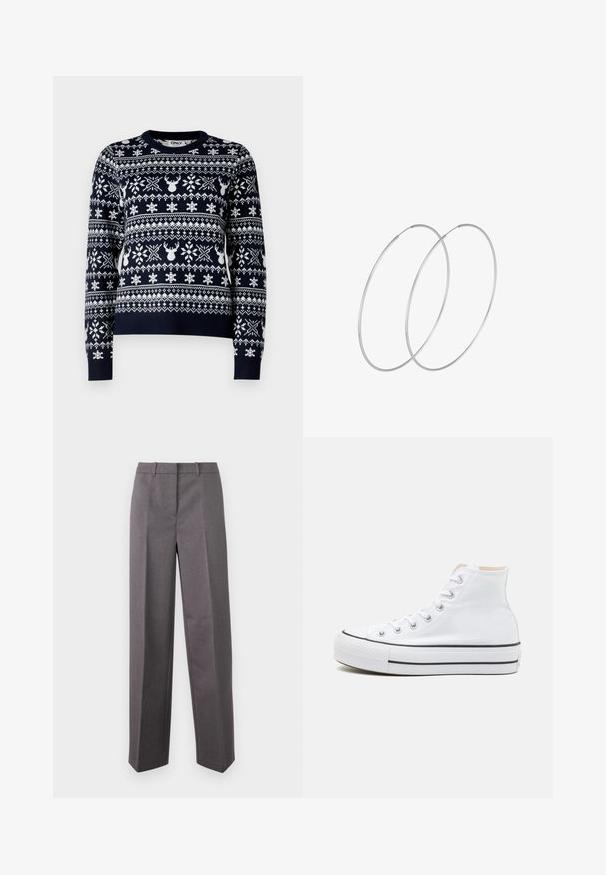 Pull en maille marine avec des flocons de neige blancs et des motifs de rennes, col rond, manches longues et ourlet côtelé.; Pantalon tailleur gris en tissu texturé, avec une coupe droite, un devant plat et des passants de ceinture.; Baskets montantes blanches en toile, semelle en caoutchouc noir et bande noire contrastante sur la semelle intermédiaire. Bout rond et design à lacets.; Boucles d'oreilles en argent au design minimaliste. Forme circulaire, texture lisse et profil fin. Légères avec une finition polie.