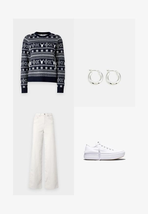 Pull en maille marine avec des flocons de neige blancs et des motifs de rennes, col rond, manches longues et ourlet côtelé.; ONLY Tall ONLHOPE GLOBAL HIGH WAIST WIDE - Pantalon classique - pumice stone; Baskets basses blanches en toile avec semelle plateforme épaisse, lacets sur le devant et embout en caoutchouc texturé, vues de profil.; Boucles d'oreilles en argent avec une finition polie, présentant une forme circulaire et une fermeture à charnière. Texture lisse avec un minimum de détails.