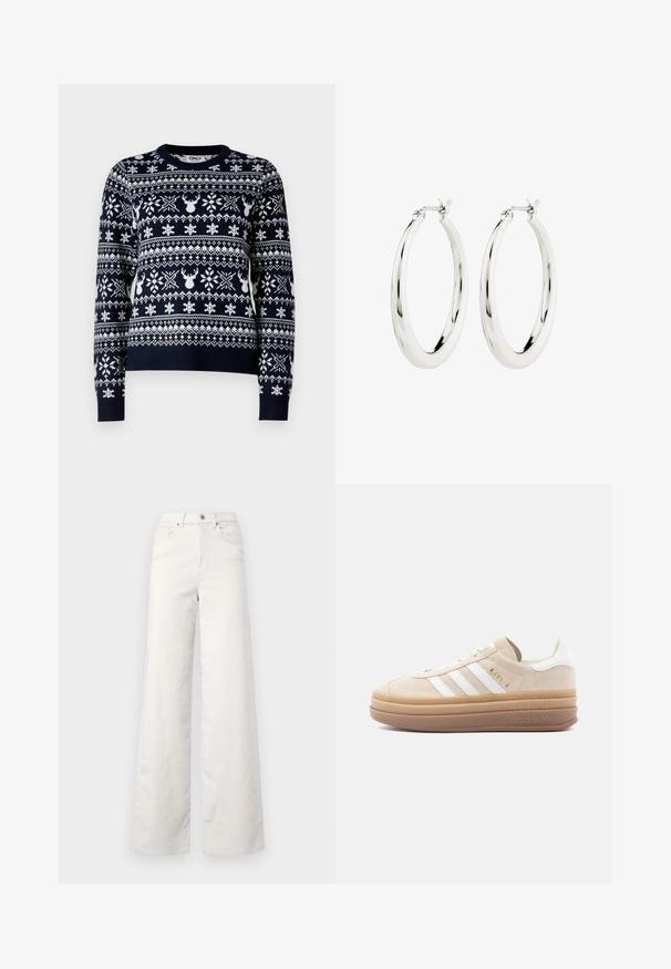 Suéter de punto azul marino con patrones de copos de nieve y renos en blanco, cuello redondo, mangas largas y ribete acanalado.; ONLY Tall ONLHOPE GLOBAL HIGH WAIST WIDE - Pantalones - pumice stone; Zapatilla de ante beige con detalles en cuero blanco, que cuenta con tres franjas blancas, un logo dorado y una suela gruesa de goma translúcida.; Pendientes de aro de plata con un acabado suave y brillante. Forma circular, con un cierre seguro. Diseño sencillo y elegante.