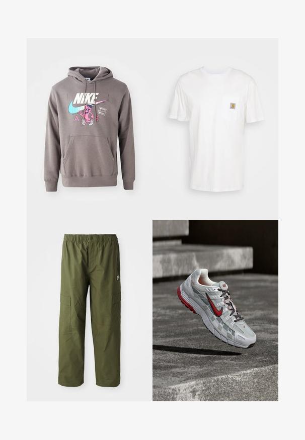 Sivá mikina s kapucňou a predným vreckom, s veľkým bielym logom Nike, ružovou grafiku postavy a svetlomodrými detailmi. Mäkký materiál, nastaviteľná kapucňa.; Biele bavlnené tričko s krátkymi rukávmi, vreckom na hrudi a malou štvorcovou nášivkou v oranžovej a bielej farbe na vrecku.; Nike cargo nohavice v tmavej olivovej farbe, ktoré majú elastický pás, dve bočné vrecká a hladkú, ľahkú tkaninu.; Bielo-sivá bežecká topánka Nike s červenými detailmi a čiernymi šnúrkami, visiaca nad sivými betónovými schodmi.