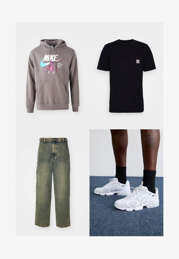 Grauer Hoodie mit einer Fronttasche, ausgestattet mit einem großen weißen Nike-Logo, einem pinken Charaktergrafik und hellblauen Akzenten. Weiches Material, verstellbare Kapuze.; Schwarzes Baumwoll-T-Shirt mit kurzen Ärmeln, rundem Hals und einer Brusttasche, die mit einem kleinen, quadratischen Logo-Patch versehen ist. Einfaches, einfarbiges Design.; Baggy-Jeans aus Denim in einer verblassten Blauen und Grünen Waschung. Mit Knopfverschluss, Gürtelschlaufen und Seitentaschen. Flaches Vorderteil und gerades Bein-Design.; Weiße Sportschuhe mit Mesh-Obermaterial, strukturierten Akzenten und gepolsterter Sohle. Kombieirt mit schwarzen gerippten Knöchelsocken auf einer blauen Teppichoberfläche.