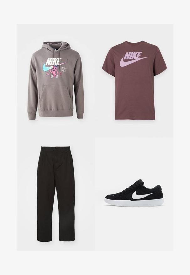 Grauer Hoodie mit einer Fronttasche, ausgestattet mit einem großen weißen Nike-Logo, einem pinken Charaktergrafik und hellblauen Akzenten. Weiches Material, verstellbare Kapuze.; Braunes Nike-T-Shirt mit kurzen Ärmeln und großem pinkfarbenem Nike-Logo sowie Swoosh auf der Brust, einfarbiger Hintergrund.; Schwarze Hose aus glattem Stoff, mit Knopfverschluss, geradem Schnitt und zwei vorderen Falten für zusätzlichen Detail.; Schwarze Wildledersneaker mit weißen Akzenten, runder Zehenform, dicker weißer Sohle und schwarzen Schnürsenkeln. Auffälliges weißes Nike-Logo an der Seite.