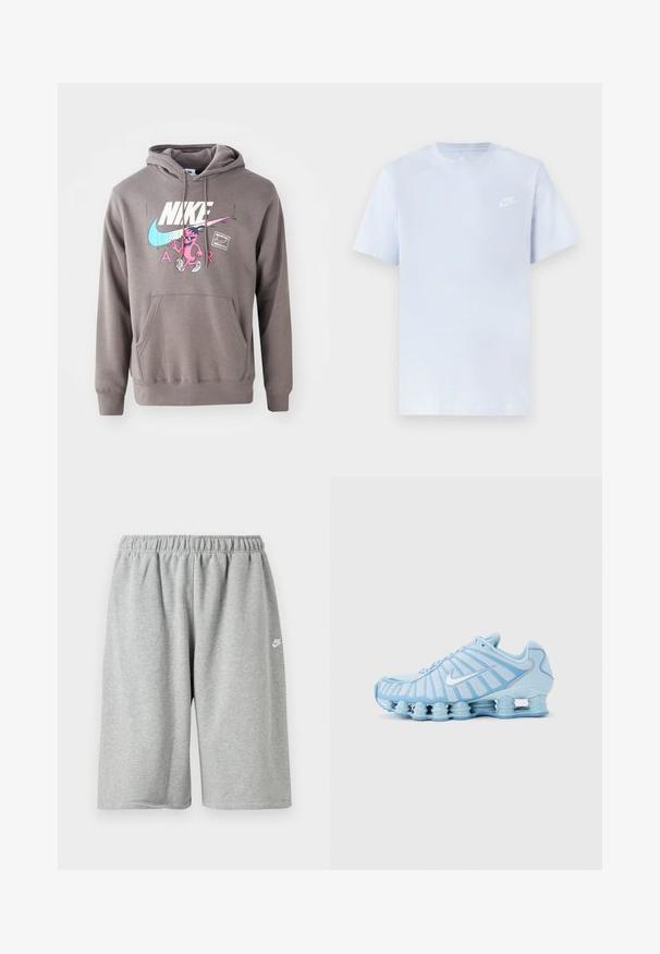 Grå hættetrøje med en frontlomme, der har et stort hvidt Nike-logo, et pink karaktergrafik og lyseblå detaljer. Blødt materiale, justerbar hætte.; Lyseblå bomulds t-shirt med korte ærmer, rund hals og et hvidt Nike-logo trykt på venstre bryst. Glat tekstur, simpelt design.; Grå bomuldsshorts med elastik i taljen, med løs pasform og et lille hvidt logo nær kanten. Glat tekstur, længde over knæet.; Lyseblå atletiksneaker med hvid Nike-swoosh, karakteristisk opdelt støddæmpende sål og stribet mesh-overdel.