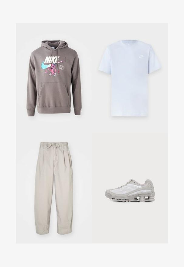 Hall koos taskuga hall kapuuts, millel on suur valge Nike logo, roosa tegelaskuju graafika ja helesinised aktsendid. Pehme materjal, reguleeritav kapuuts.; Hele sinine puuvillane t-särk lühikeste varrukatega, ümar kaelus ja valge Nike logo trükituna vasakul rinnal. Sile tekstuur, lihtne disain.; Beeži, kerged püksid elastse vöökoha ja nööriga. Omavad voldikuid ja laia istuvust, valmistatud pehmest, siledast kangast.; Hall-valge spordijalats nähtava õhkmadratsi ja võrgust detailidega, esitatud küljepildina lihtsal heledal taustal.