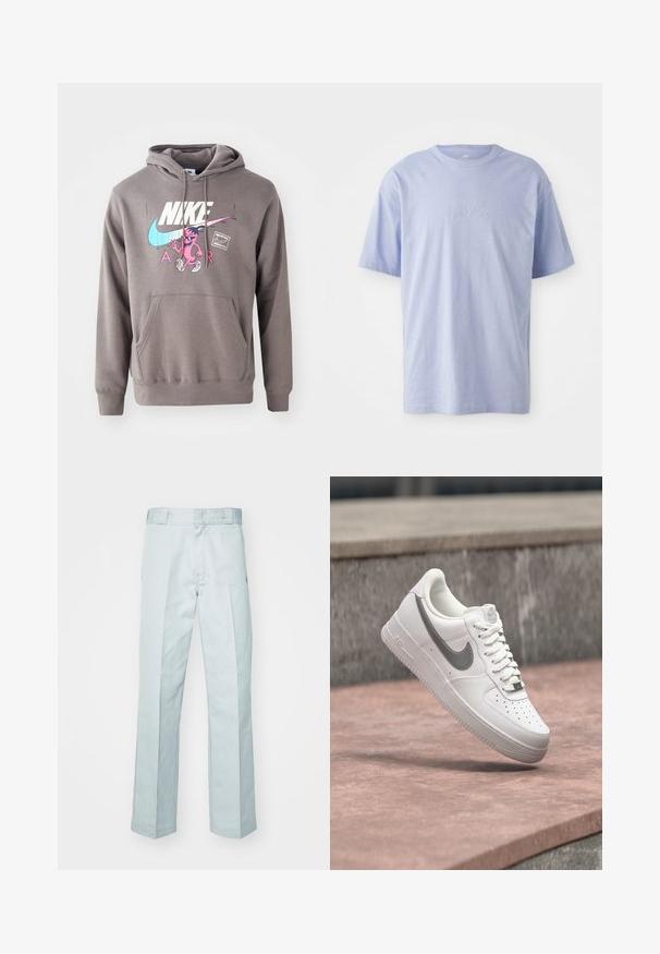 Hall koos taskuga hall kapuuts, millel on suur valge Nike logo, roosa tegelaskuju graafika ja helesinised aktsendid. Pehme materjal, reguleeritav kapuuts.; Heleheles sinine puuvillane T-särk ümmarguse kaelusega ja lühikeste varrukatega. Ees keskel on reljeefne "nike" logo. Pehme tekstuur.; Heledad sinised puuvillased püksid otsejoontega disainiga, millel on peened kortsud ja sile tekstuur, lõpetatud tavalise vöökohaga.; Valge Nike Air Force 1 toss hallika Nike logoga, hõljumas kivil pinnal ja halli kivitahvli taustal.