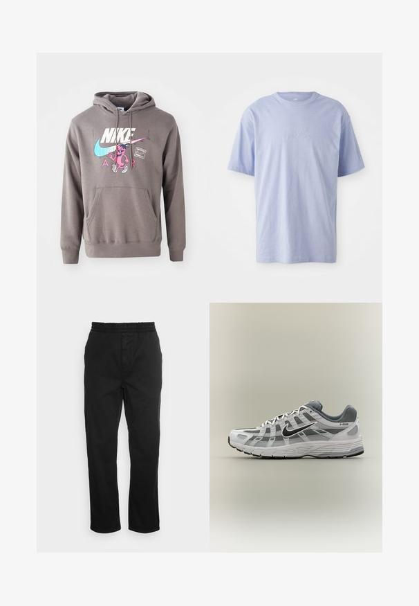 Grauer Hoodie mit einer Fronttasche, ausgestattet mit einem großen weißen Nike-Logo, einem pinken Charaktergrafik und hellblauen Akzenten. Weiches Material, verstellbare Kapuze.; Hellblaues Baumwoll-T-Shirt mit Rundhalsausschnitt und kurzen Ärmeln. Mit einem geprägten "Nike"-Logo auf der Vorderseite in der Mitte. Weicher Stoff.; Schwarze Baumwollhose mit elastischem Bund, geraden Beinen und seitlichen Taschen. Glatte Textur ohne Muster oder Akzente.; Weißer und grauer Nike P-6000 Sneaker mit schwarzem Swoosh, Netzpaneelen und strukturierter Sohle, seitlich auf neutralem Hintergrund dargestellt.