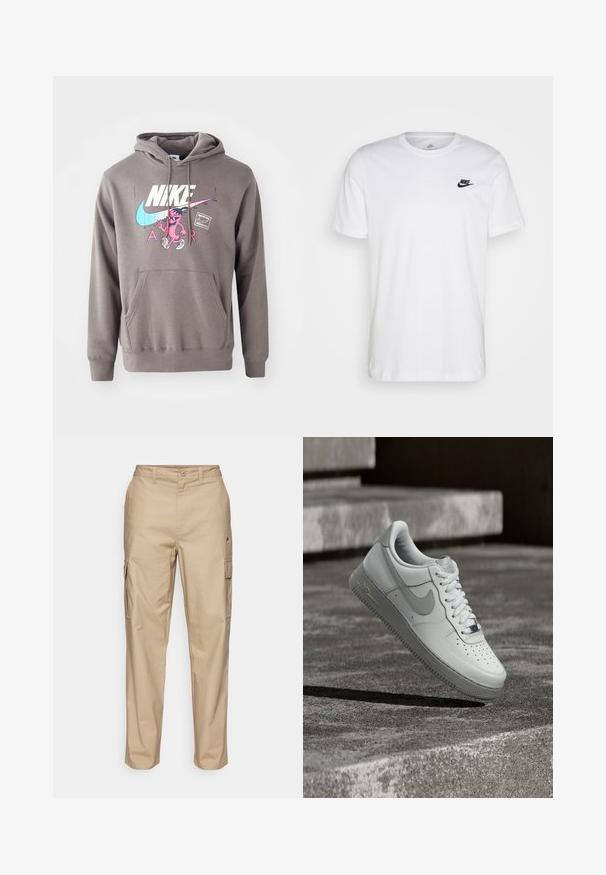 Hall koos taskuga hall kapuuts, millel on suur valge Nike logo, roosa tegelaskuju graafika ja helesinised aktsendid. Pehme materjal, reguleeritav kapuuts.; Valge puuvillane T-särk, millel on ringkaelus, lühikesed varrukad ja must Nike logo vasakul rinnal. Lihtne, ühtlane värvi disain.; Beezid cargopüksid tekstuurse viimistlusega, küljetaskud, nööbist sulgemine ja sirge sääre disain.; Valge Nike Air Force 1 tossujalg õhus tekstureeritud betoonpinna kohal, taustal kivist trepiastmed.