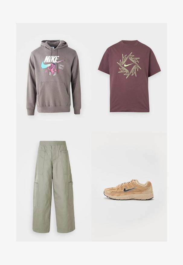 Sudadera gris con un bolsillo frontal, que presenta un gran logo blanco de Nike, un gráfico de un personaje en rosa y acentos en azul claro. Material suave, capucha ajustable.; Camiseta de manga corta color burdeos con un diseño abstracto circular espinado en neón amarillo y un logo central de swoosh en el pecho.; Pantalones cargo holgados de color verde oliva con una cinturilla elástica, múltiples bolsillos y una textura suave. Ancho colapsable en el dobladillo.; Zapatilla deportiva beige con materiales de malla y ante, silueta curva, suela negra, prominente logo plateado de Nike en el lateral y acentos texturizados.
