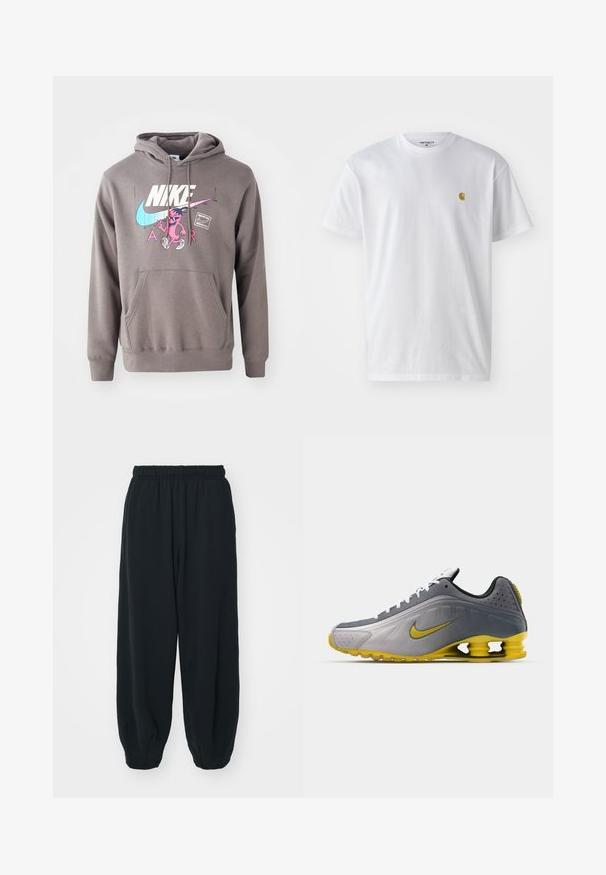 Grauer Hoodie mit einer Fronttasche, ausgestattet mit einem großen weißen Nike-Logo, einem pinken Charaktergrafik und hellblauen Akzenten. Weiches Material, verstellbare Kapuze.; Weißes Baumwoll-T-Shirt mit kurzen Ärmeln, Rundhalsausschnitt, mit einem kleinen goldenen Logo im linken Brustbereich. Weicher Stoff und normale Passform.; Schwarze Sweatpants mit elastischem Bund, lockerer Passform, gerippten Beinabschlüssen, glatter Textur und ohne sichtbare Muster oder Hardware-Akzente.; Nike Sportswear SHOX R4 SE UNISEX - Sneaker low - vast grey/bright citron/light graphite/smoke grey/white/black