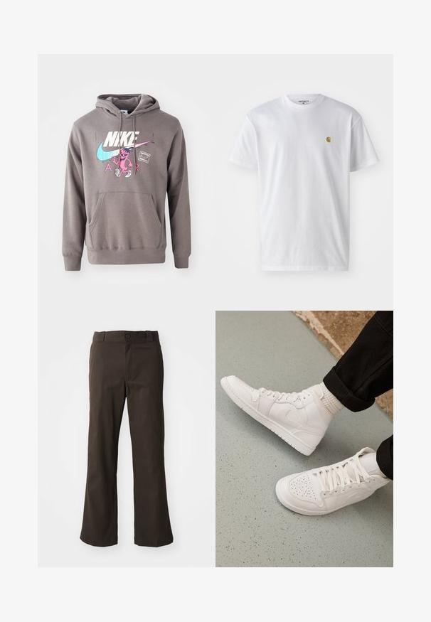 Hall koos taskuga hall kapuuts, millel on suur valge Nike logo, roosa tegelaskuju graafika ja helesinised aktsendid. Pehme materjal, reguleeritav kapuuts.; Valge puuvillane t-särk lühikeste varrukatega, ümmargune kaelus, millel on väike kuldne logo vasakul rinnal. Pehme tekstuur ja regulaarne lõike.; Pruunid, laienevad püksid siledast kangast, millel on ees nuppude sulgemine ja külgedel taskud. Lihtne ja sirge disain.; Valged kõrged spordijalatsid sujuvast nahast, millel on perforatsioonidega varvas, paeltega sulgemine ja diskreetne logodetail küljel. Tekstuuriga kummitald.