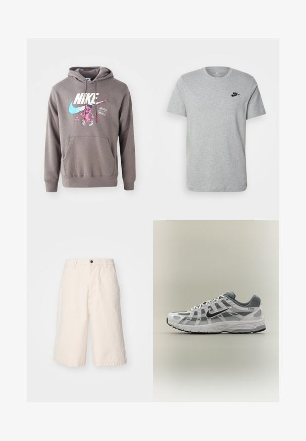 Grauer Hoodie mit einer Fronttasche, ausgestattet mit einem großen weißen Nike-Logo, einem pinken Charaktergrafik und hellblauen Akzenten. Weiches Material, verstellbare Kapuze.; Graues T-Shirt mit kurzen Ärmeln aus Baumwolle, mit einem schwarzen Nike-Logo auf der Brust und einem runden Ausschnitt. Minimalistisches Design ohne Muster.; Helle beige Baumwollshorts mit geradem Schnitt, ausgestattet mit einem Knopfverschluss, seitlichen Taschen und einem Saum, der knapp über dem Knie endet.; Weißer und grauer Nike P-6000 Sneaker mit schwarzem Swoosh, Netzpaneelen und strukturierter Sohle, seitlich auf neutralem Hintergrund dargestellt.