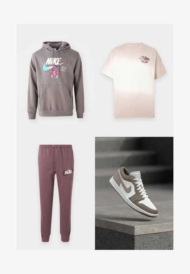 Grauer Hoodie mit einer Fronttasche, ausgestattet mit einem großen weißen Nike-Logo, einem pinken Charaktergrafik und hellblauen Akzenten. Weiches Material, verstellbare Kapuze.; Nike T-Shirt in Beige bis Creme Ombre, kurze Ärmel, Rundhalsausschnitt, mit kleinem braunem Logo auf der oberen linken Brust. Weiches Baumwollmaterial.; Mauvefarbene Nike-Sweatpants mit elastischem Bund, Kordelzug, Bündchen an den Knöcheln und weißem Nike-Logo mit schwarzem Swoosh auf dem linken Oberschenkel.; Weißer und taupefarbener Sneaker mit niedrigem Schaft, Schnürsenkeln, Zwischensohle und Nike-Swoosh, der über einer Betonkante schwebt, mit Treppen im Hintergrund.