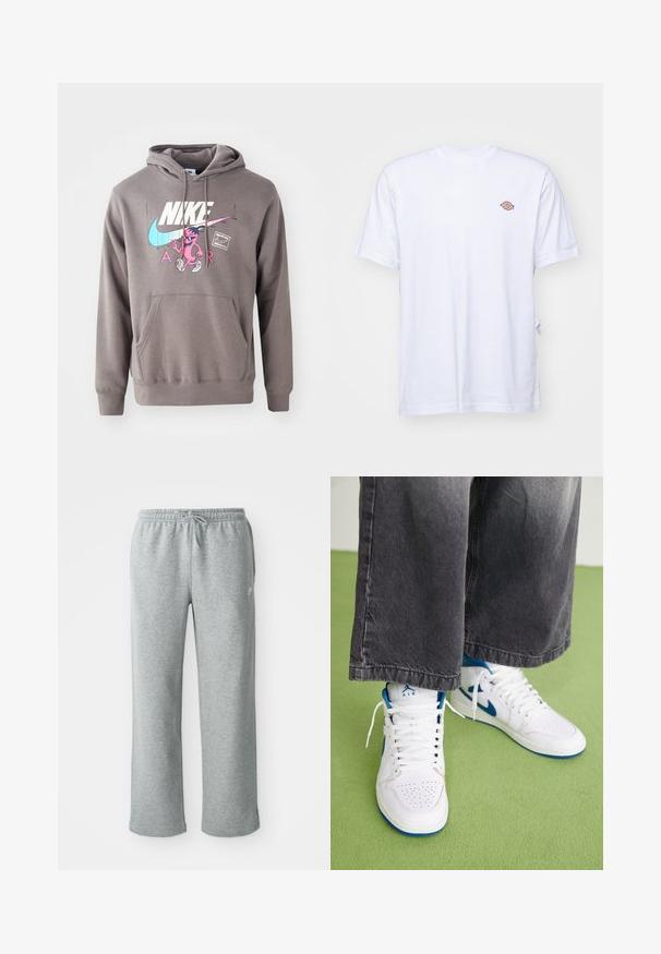 Sivá mikina s kapucňou a predným vreckom, s veľkým bielym logom Nike, ružovou grafiku postavy a svetlomodrými detailmi. Mäkký materiál, nastaviteľná kapucňa.; Biela bavlnená tričko s výstrihom do V a krátkymi rukávmi. Má malé farebne vyšívané logo na ľavej strane hrudi. Mäkká textúra.; Šedé bavlnené tepláky s elastickým pásom, sťahovacou šnúrkou a rovnými nohavicami. Obsahuje malé logo v hornej ľavej časti.; Biele vysoké tenisky s modrými akcentmi, perforovanou špičkou a bielymi šnúrkami. Nosené s voľnými šedými džínsami na zelenej ploche.