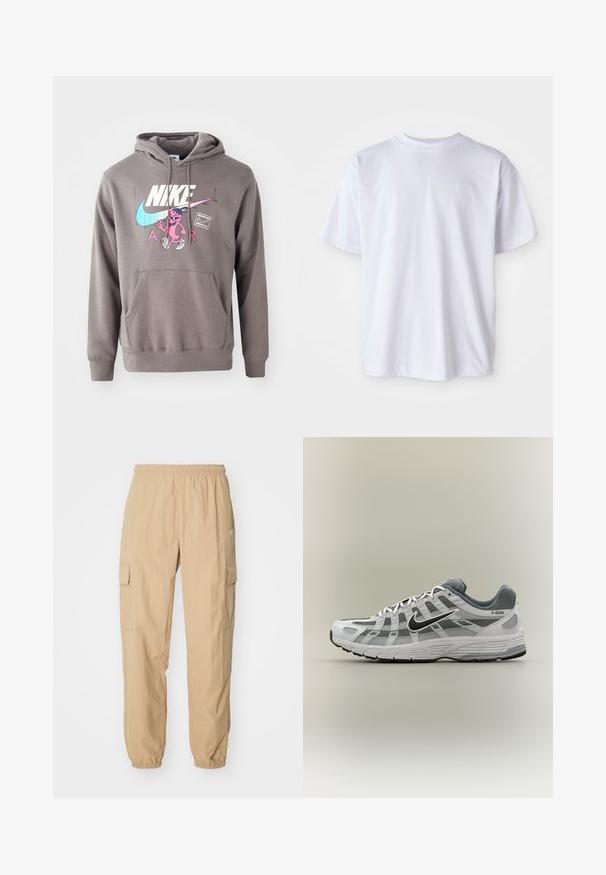 Grauer Hoodie mit einer Fronttasche, ausgestattet mit einem großen weißen Nike-Logo, einem pinken Charaktergrafik und hellblauen Akzenten. Weiches Material, verstellbare Kapuze.; Weißes Baumwoll-T-Shirt mit Rundhalsausschnitt und kurzen Ärmeln. Verfügt über ein dezentes Logo, das in passender Farbe auf der linken Brust gestickt ist.; Beige Cargo-Hosen aus leichtem Stoff, mit einem elastischen Bund, zwei Seitentaschen und elastischen Bündchen an den Knöcheln.; Weißer und grauer Nike P-6000 Sneaker mit schwarzem Swoosh, Netzpaneelen und strukturierter Sohle, seitlich auf neutralem Hintergrund dargestellt.