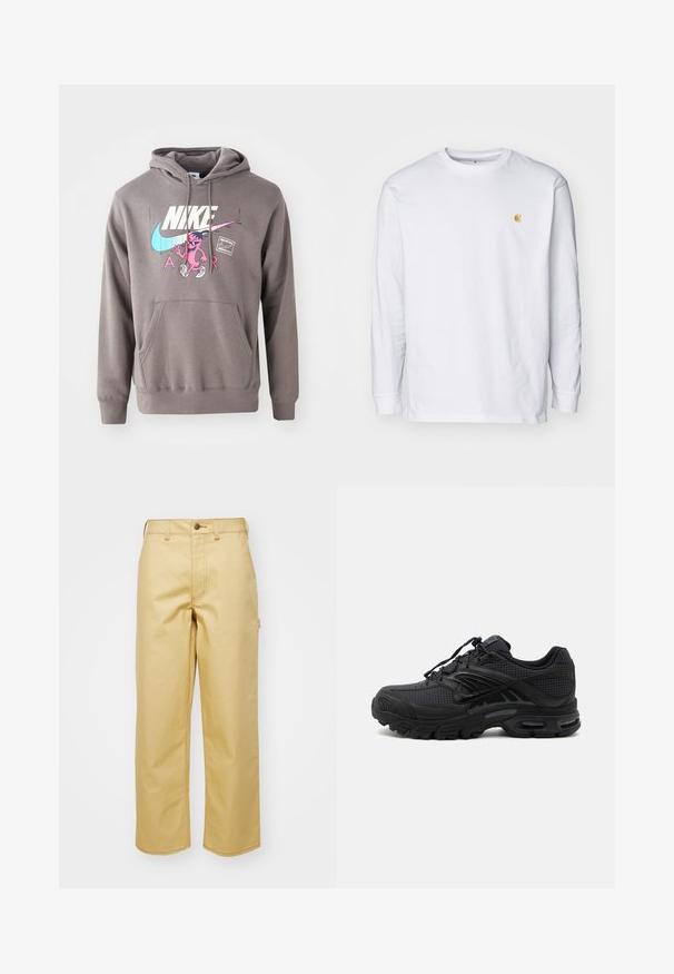 Grauer Hoodie mit einer Fronttasche, ausgestattet mit einem großen weißen Nike-Logo, einem pinken Charaktergrafik und hellblauen Akzenten. Weiches Material, verstellbare Kapuze.; Weißes Langarm-T-Shirt aus Baumwolle. Mit kleinem goldenem Logo auf der Brust und Rundhalsausschnitt. Einfaches Design und normale Passform.; Beige, weit geschnittene Hose aus Baumwolle mit einem Knopfverschluss vorne, Gürtelschlaufen und Seitentaschen. Glatte Textur mit sichtbaren Nähdetails.; Schwarzer athletischer Sneaker mit strukturiertem Stoff, dicker gepolsterter Sohle, Luftauslässen und Schnürverschluss, von der Seite auf hellem Hintergrund gezeigt.