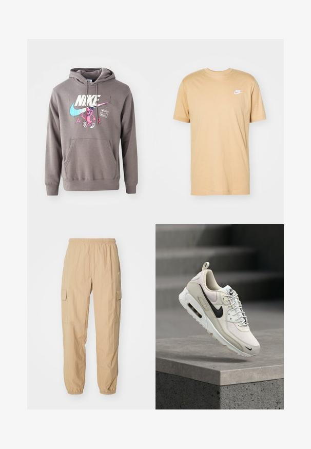 Sudadera gris con un bolsillo frontal, que presenta un gran logo blanco de Nike, un gráfico de un personaje en rosa y acentos en azul claro. Material suave, capucha ajustable.; Camiseta de algodón color beige con cuello redondo, mangas cortas y un logotipo blanco de Nike en el lado izquierdo del pecho. Textura suave, diseño casual.; Pantalones cargo beige hechos de una tela ligera, con una cinturilla elástica, dos bolsillos laterales y puños elásticos en los tobillos.; Zapatilla Nike Air Max en beige y blanco con logo swoosh negro, cordones blancos y suela con amortiguación visible de aire, descansando sobre un bloque de cemento.