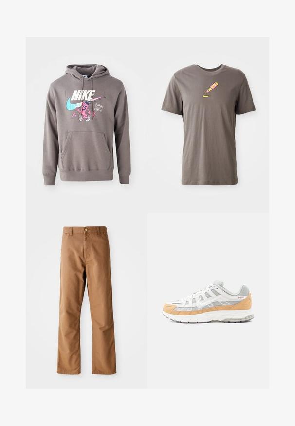Sudadera gris con un bolsillo frontal, que presenta un gran logo blanco de Nike, un gráfico de un personaje en rosa y acentos en azul claro. Material suave, capucha ajustable.; Camiseta de algodón gris con mangas cortas que presenta una ilustración impresa de una botella rosa y un líquido amarillo vertiéndose sobre la parte delantera de la camiseta.; Pantalones rectos marrones con pasadores para cinturón, bolsillos frontales, cierre de botón y cremallera sobre un fondo blanco.; Zapatillas blancas y grises con acentos en naranja claro, materiales de malla y cuero, con suela texturizada y patrón geométrico en los lados.