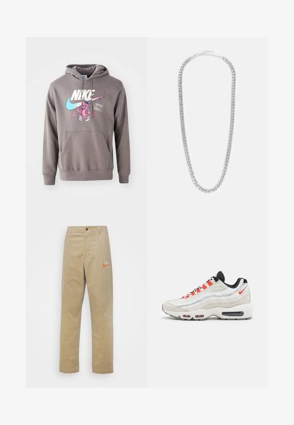 Sudadera gris con un bolsillo frontal, que presenta un gran logo blanco de Nike, un gráfico de un personaje en rosa y acentos en azul claro. Material suave, capucha ajustable.; Nike Sportswear TREND PANT - Pantalones - khaki/team orange/khaki; Nike Sportswear AIR MAX 95 XCAT NN - Zapatillas - light bone/habanero red/black/ghost green/phantom/sail; Collar de cadena de metal plateado que presenta eslabones entrelazados, una textura suave y un cierre ajustable para personalizar la longitud.