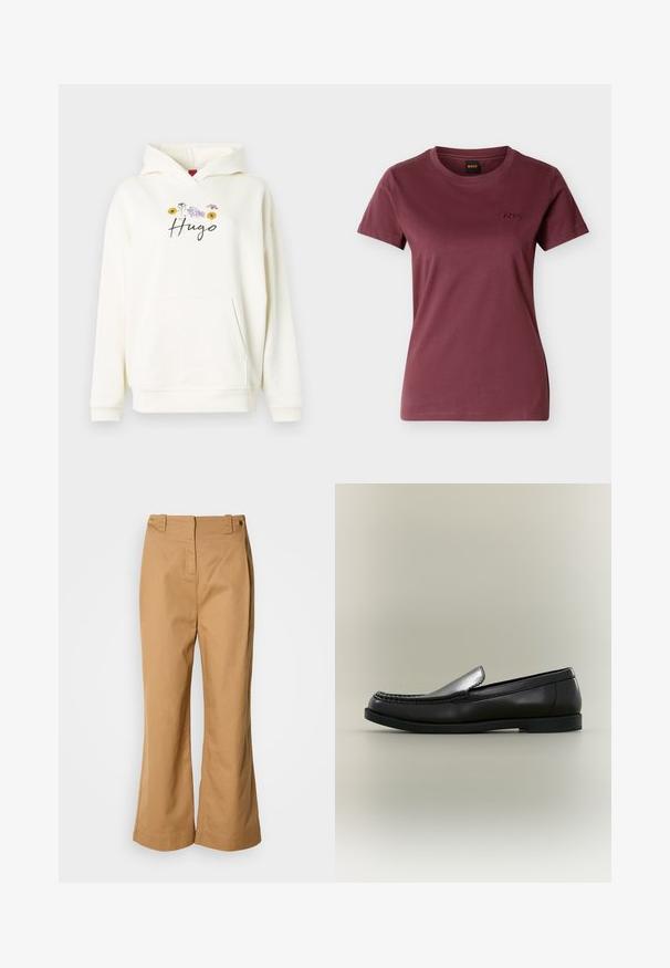 Sweat à capuche crème avec une poche avant, arborant un motif floral et le texte "Hugo" en cursive, fabriqué en tissu doux.; T-shirt à manches courtes pour femme, couleur bordeaux, col rond et petit logo brodé "BOSS" sur le côté gauche de la poitrine.; Pantalon à jambes larges en tissu de coton beige, doté d'une taille haute, de deux boutons dorés et d'une texture lisse. Aucun motif ou accent visible.; Mocassin en cuir noir avec couture moc toe, petit talon et design à enfiler sur fond neutre.