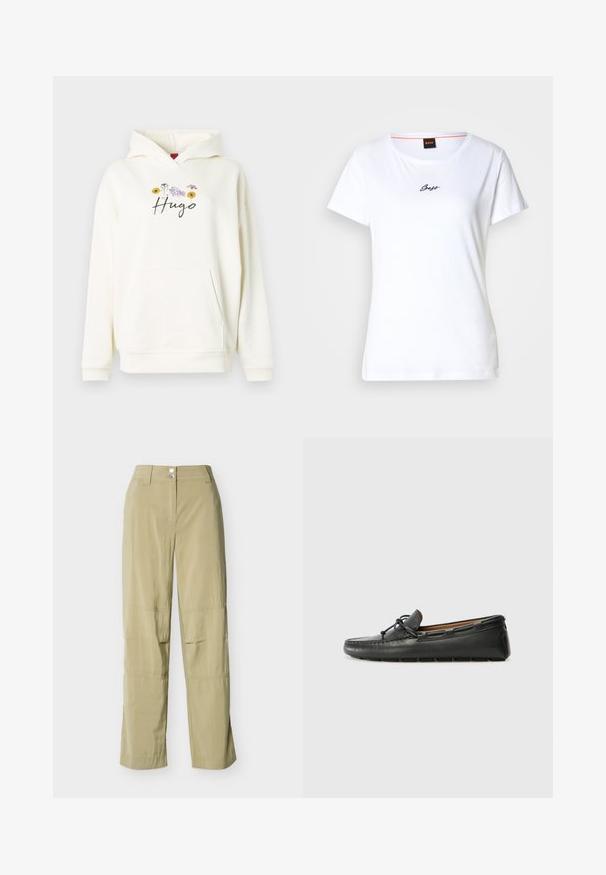 Sweat à capuche crème avec une poche avant, arborant un motif floral et le texte "Hugo" en cursive, fabriqué en tissu doux.; T-shirt en coton blanc à manches courtes et col rond. Présente un logo "Boss" en écriture cursive noire sur le devant. Design simple.; Pantalon beige à jambes droites avec passants pour ceinture, fermeture avant par bouton et zip, et détails cousus aux genoux, présenté sur un fond uni.; Bateau en cuir noir avec un bout arrondi, des détails de couture, un petit accent en nœud et une semelle en caoutchouc. Texture lisse et design épuré.