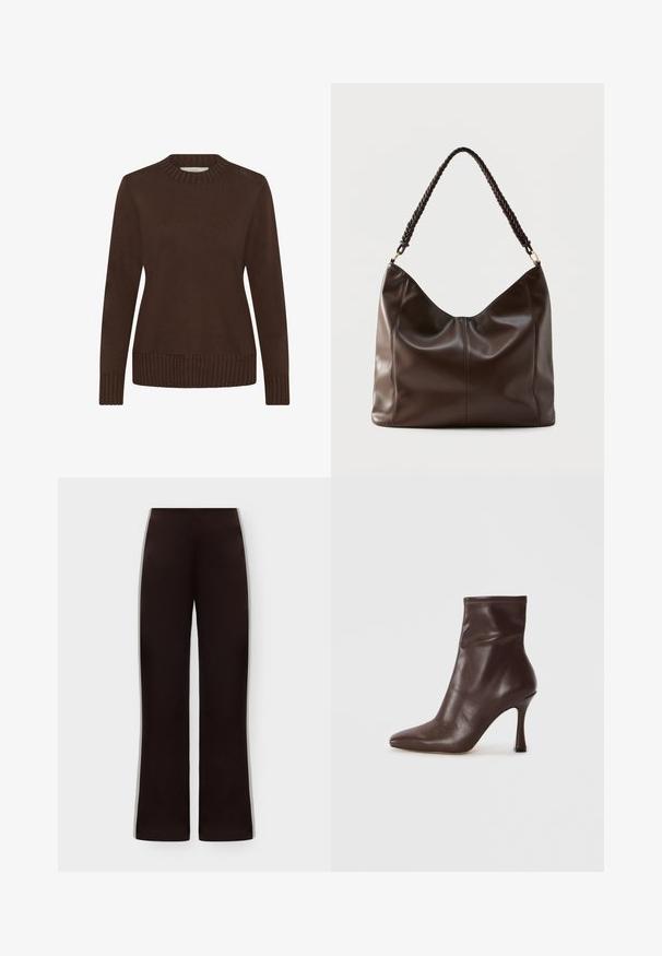 Suéter marrón con cuello redondo acanalado, mangas largas y dobladillo acanalado. Textura suave y diseño sencillo, adecuado para uso casual.; Pantalones negros de cintura alta y pierna recta con un diseño sencillo y liso, sin bolsillos visibles ni adornos.; Bota de tobillo de cuero marrón con punta afilada y tacón de aguja delgado. Presenta una textura suave y detalles de costura alrededor de la abertura.; Bolso de hombro de cuero marrón oscuro con un asa trenzada y detalles visibles de costuras en la parte frontal.