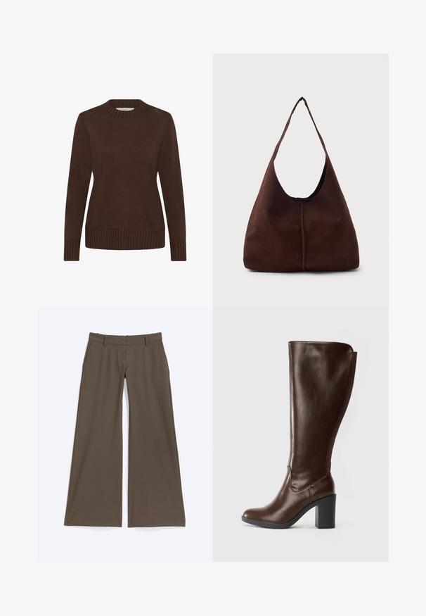 Pull marron avec un col rond côtelé, des manches longues et un ourlet côtelé. Texture douce et design simple, adapté pour une tenue décontractée.; Pantalon marron à jambes larges avec passants de ceinture, poches avant et fermeture éclair sur le devant, posé à plat sur un fond blanc.; Botte en cuir marron foncé, arrivant jusqu'au genou, avec un bout arrondi et un talon bloc, au fini lisse et avec un panneau élastique à l'arrière.; Sac hobo en daim marron avec une grande ouverture courbée et une large bandoulière. Présente une couture centrée à l'avant. Texture lisse.
