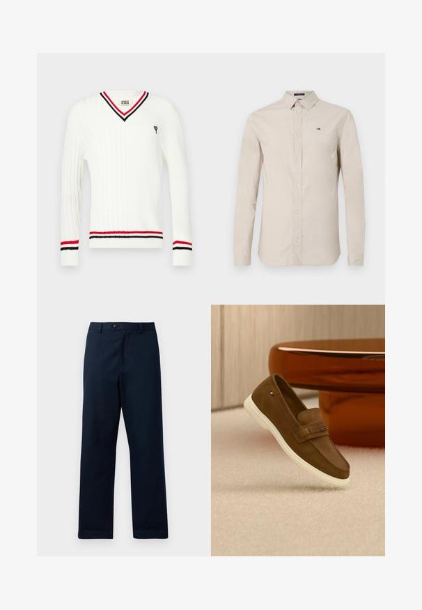 Pull en maille torsadée blanche avec encolure en V, présentant des accents rayés noirs et rouges sur le col et les poignets, ainsi qu'un petit motif brodé.; Chemise beige à manches longues en tissu coton, avec un col et un petit logo brodé sur la poitrine gauche. Boutons transparents.; Pantalon droit en bleu marine, fabriqué en tissu mélangé coton. Dispose d'une fermeture éclair à l'avant, d'un bouton et de passants de ceinture. Texture lisse.; Mocassin en daim marron avec semelle blanche et détail métallique, flottant au-dessus d'un tapis clair à côté d'un meuble rond marron brillant.