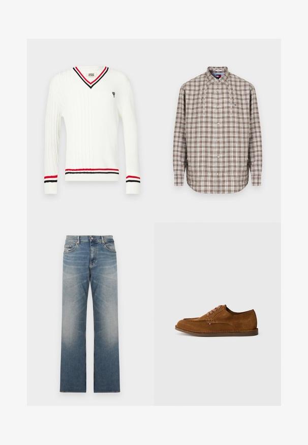 Suéter blanco de punto con cuello en V, con detalles de rayas negras y rojas en el cuello y los puños, y un pequeño gráfico bordado.; Camisa de cuadros marrón y blanca con botones, cuello, mangas largas y botones delanteros; presenta un pequeño logotipo en el pecho izquierdo.; Vaqueros de mezclilla azul de pierna recta con lavado desgastado, cierre de botón y cremallera, y estilo de cinco bolsillos.; Zapato de ante marrón con punta redondeada, costuras decorativas y seis ojales para cordones en contraste. Suela plana y diseño minimalista.