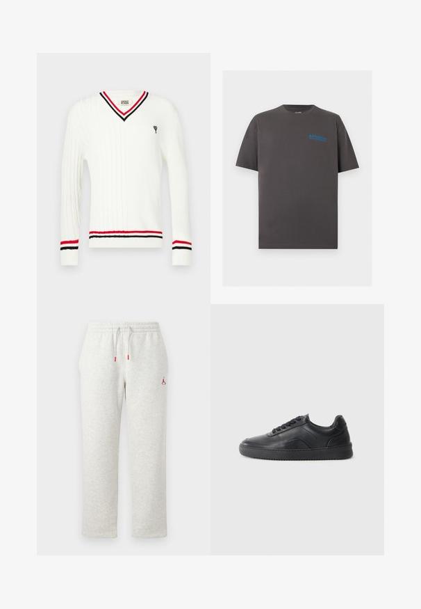 Hvid kabelstrikket sweater med V-udskæring, med sort og rød stribet kant på kraven og ærmerne, samt et lille broderet motiv.; Mørkegrå kortærmet bomulds-T-shirt med lille blåt "Atlassian Williams Racing" logo på øverste venstre bryst.; Lysegrå joggingbukser med elastisk talje og snøre, med lille rød Jumpman-logo på venstre lår.; Sorte lædersneakers med en glat finish, rund tå, struktureret sidelæder og sorte snørebånd. Har en flad gummisål og et minimalistisk design.