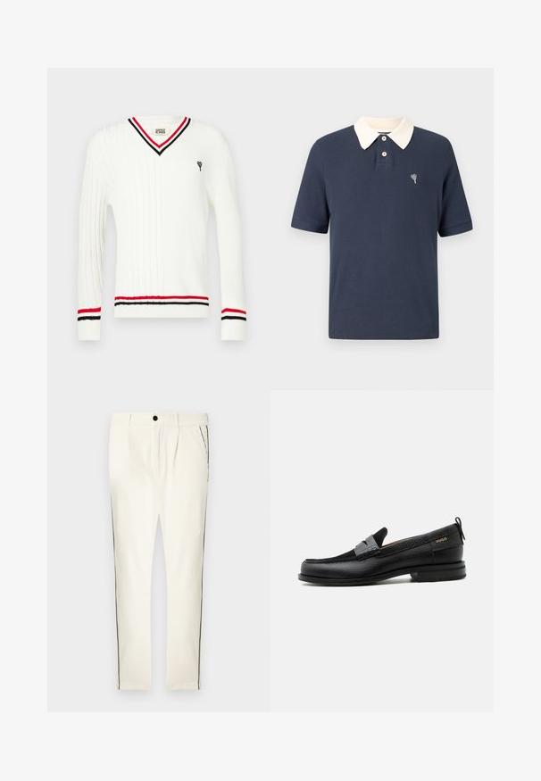Suéter blanco de punto con cuello en V, con detalles de rayas negras y rojas en el cuello y los puños, y un pequeño gráfico bordado.; Polo azul marino con cuello crema, mangas cortas, textura acanalada, tapeta de tres botones y pequeño detalle de corazón bordado en el pecho.; Pantalones a rayas blancas con un corte ancho, que presentan una franja lateral negra, cierre de botón y pliegues delanteros para un detalle de diseño adicional.; Mocasín de cuero negro con detalle de tira gris, tacón bajo y suela texturizada, con la marca "HUGO" en oro en el lateral.