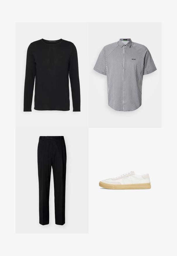 Sort langærmet skjorte, rund hals, lavet af blødt stof med en glat tekstur og minimale syninger. Klassisk og alsidig design.; Kortærmet skjorte med knapper og sorte og hvide lodrette striber, med en spids krave og et lille broderet logo på brystet.; Sorte skræddersyede bukser med lige ben, bæltestropper og pressede folder foran, vist mod en ensartet lys baggrund.; Hvide sneakers lavet af læder og ruskind, med snørestropper, en tan gummisål og et lille logo på siden.