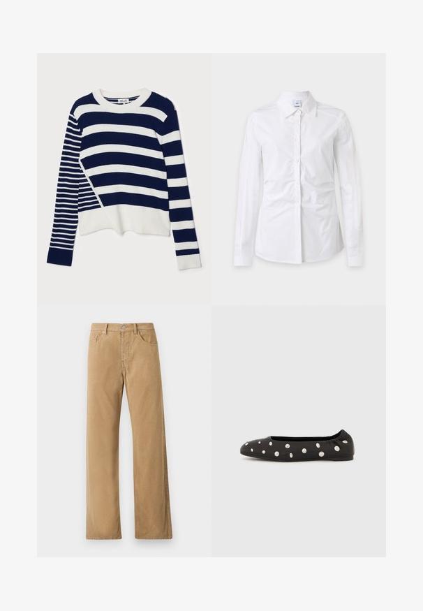 Baum und Pferdgarten CENTA - Pullover - navy/creme; Chemise blanche à manches longues avec boutons et col, tissu légèrement froissé et étiquette de marque visible à l'intérieur du col.; Pantalon droit en velours côtelé beige avec fermeture à bouton et fermeture éclair à l'avant, passants de ceinture et style à cinq poches.; Chaussure ballerine noire à bride élastique à l'arrière, ornée de gros clous ronds argentés dispersés sur le dessus, vue de profil sur fond blanc.